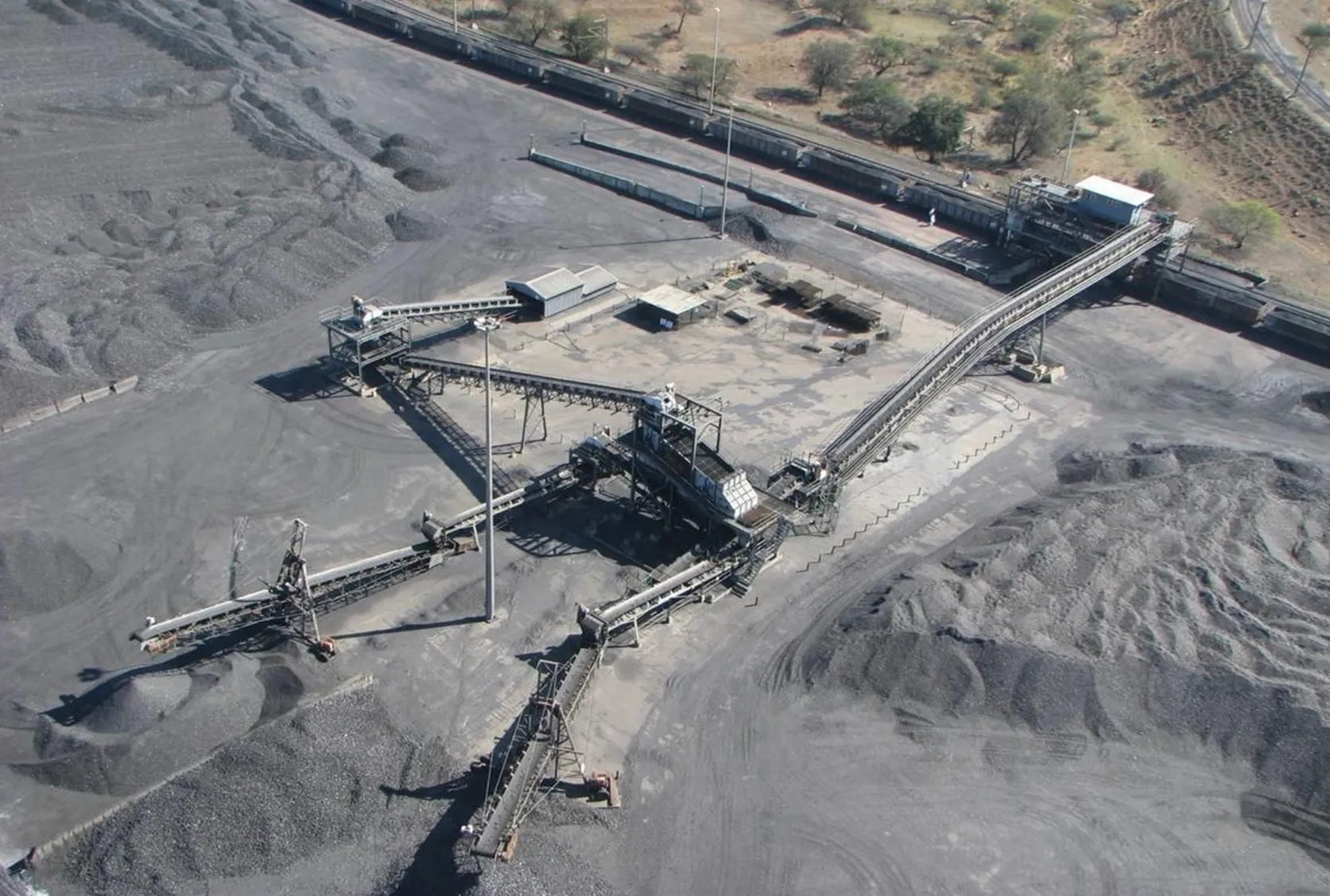 bird eye view on a mining site with conveyer belt